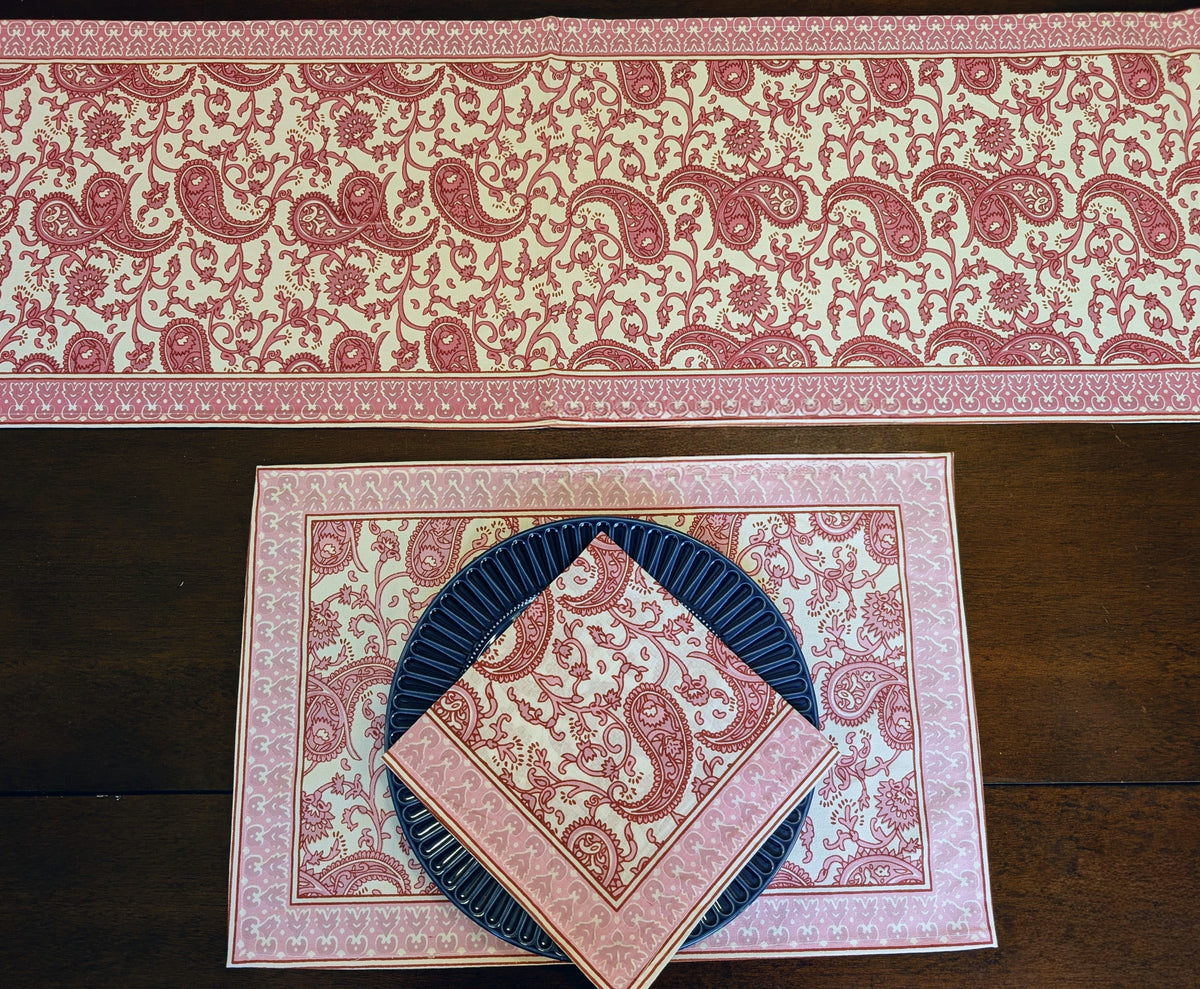 cotton table linen sets placemat napkin runner with blush pink and white paisley pattern