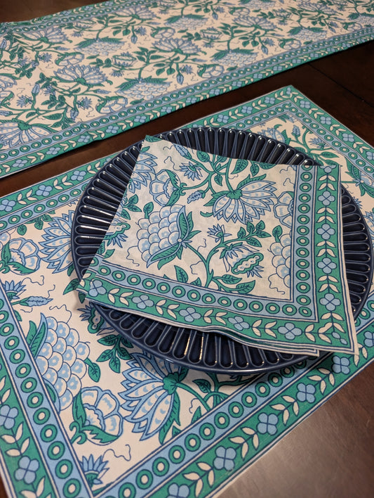 cotton table linen sets placemat napkin runner with green and blue floral pattern 