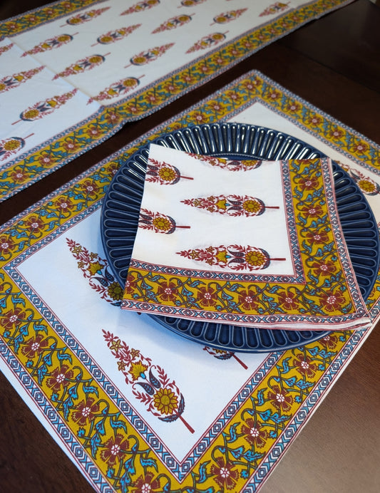 cotton table linen sets placemat napkin runner with pine trees in yellow and red pattern