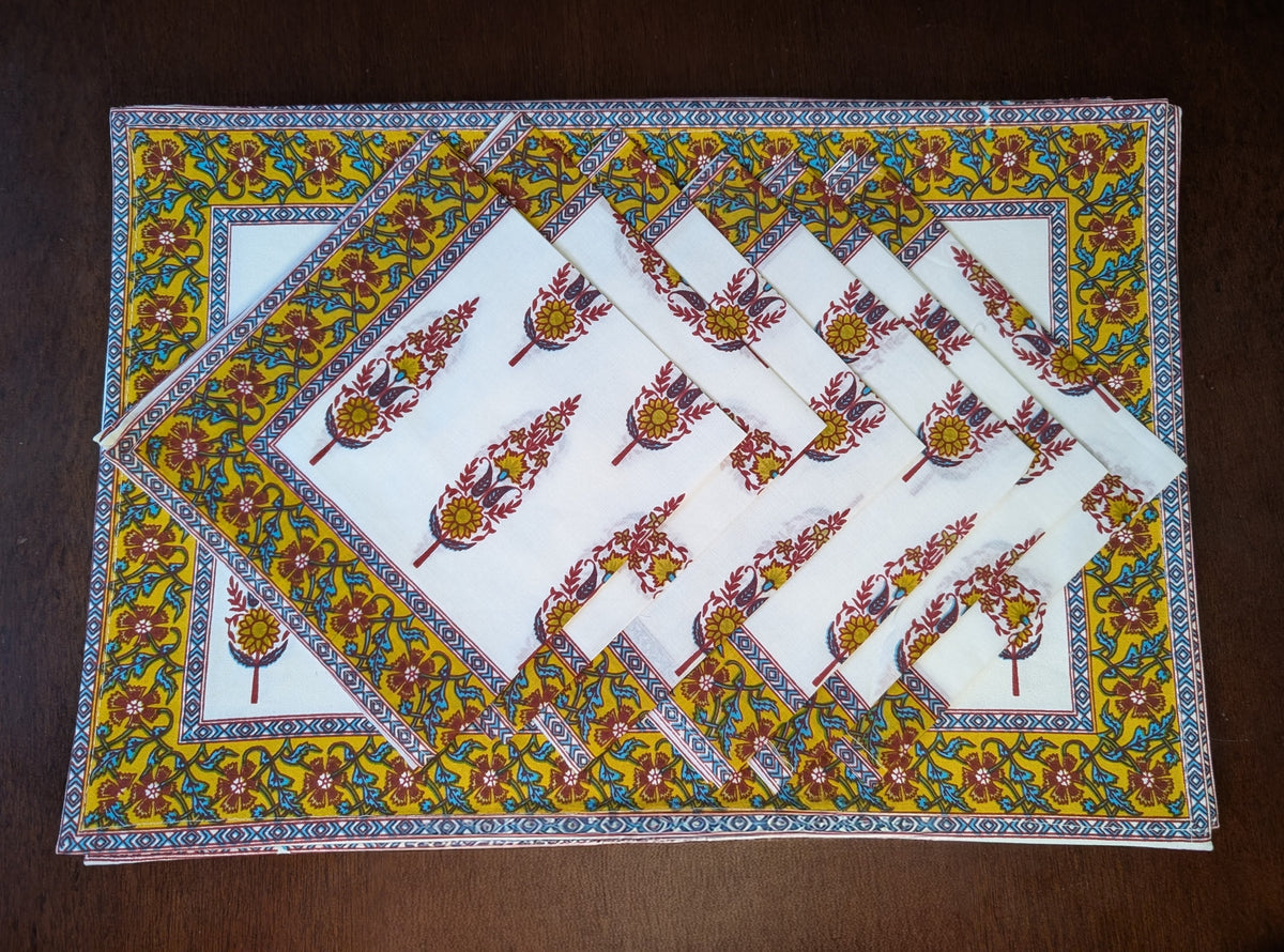 cotton table linen sets placemat napkin runner with pine trees in yellow and red pattern
