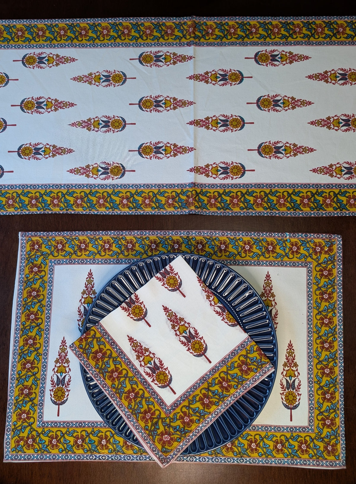 cotton table linen sets placemat napkin runner with pine trees in yellow and red pattern