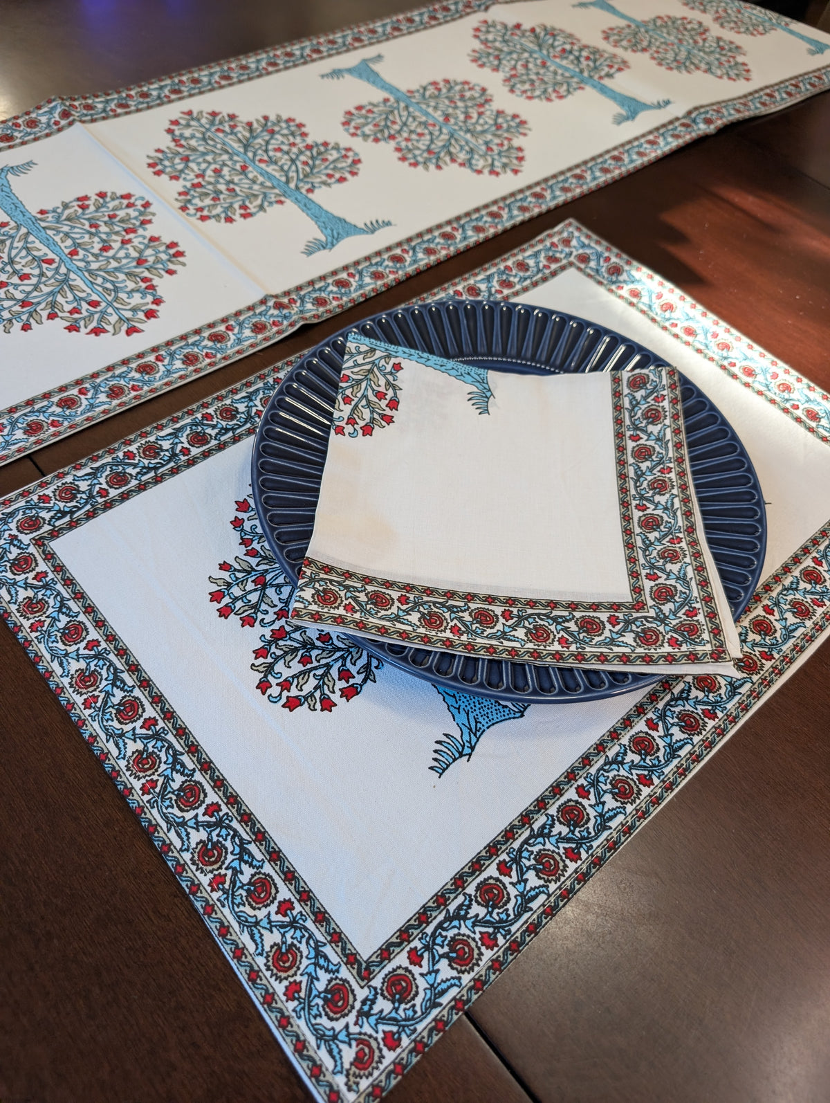 cotton table linen sets placemat napkin runner with pink apple trees in blue and red tree pattern