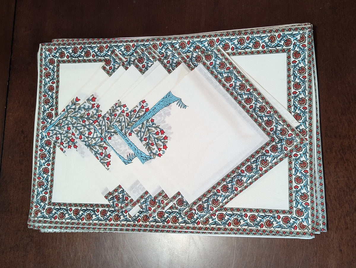 cotton table linen sets placemat napkin runner with pink apple trees in blue and red tree pattern