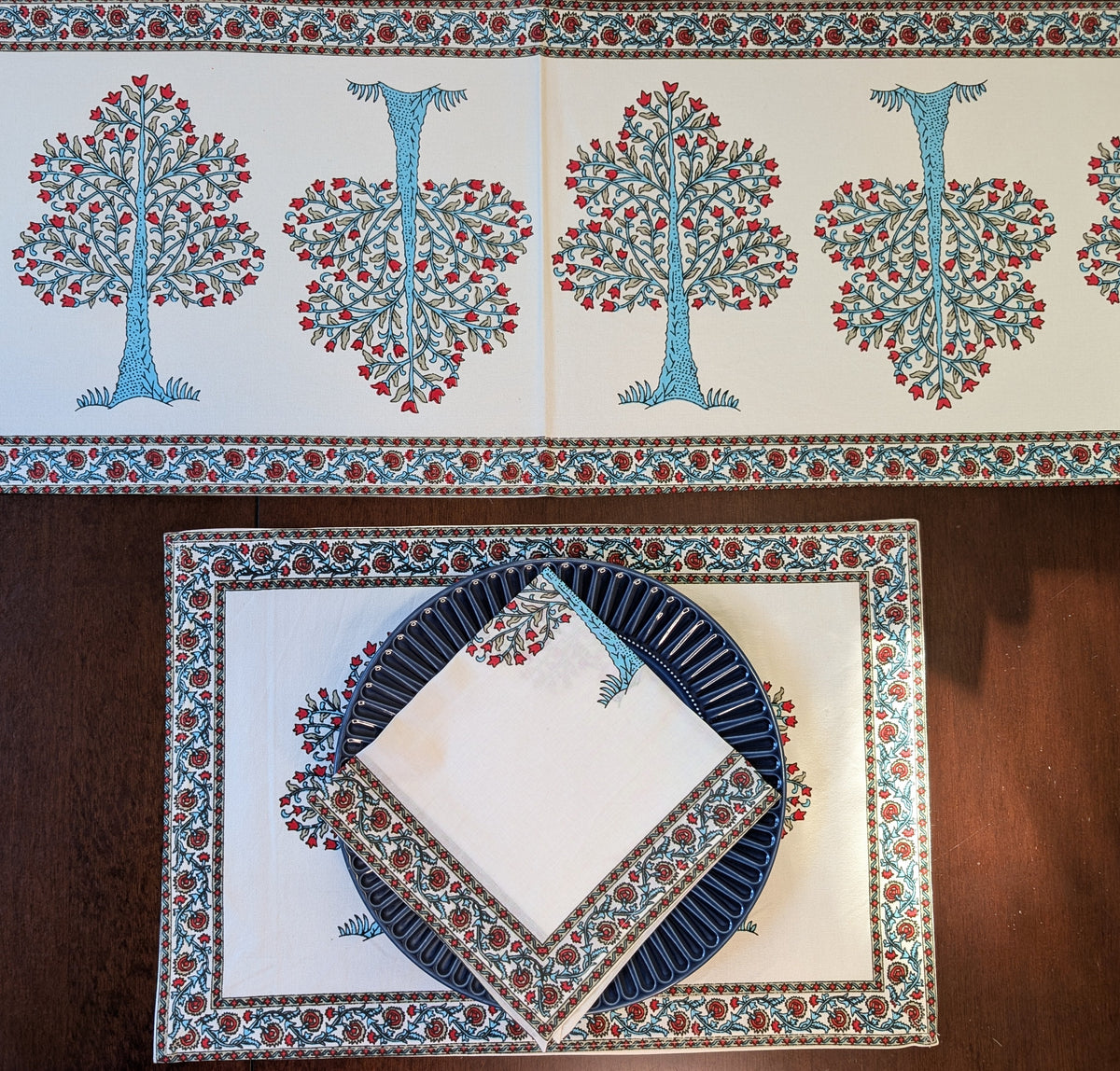 cotton table linen sets placemat napkin runner with pink apple trees in blue and red tree pattern