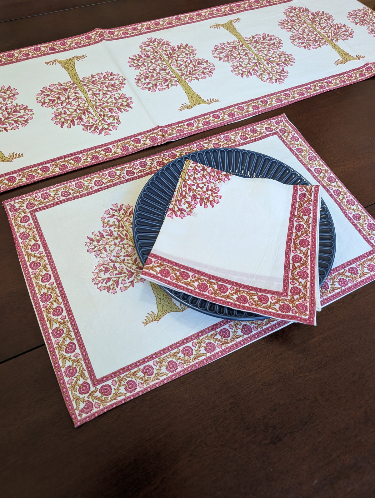 cotton table linen sets placemat napkin runner with pink apple trees in red pink and yellow pattern