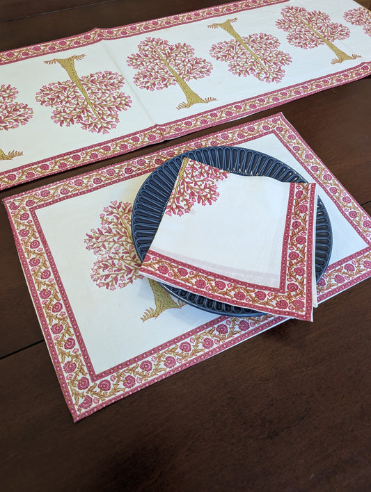 cotton table linen sets placemat napkin runner with pink apple trees in red pink and yellow pattern