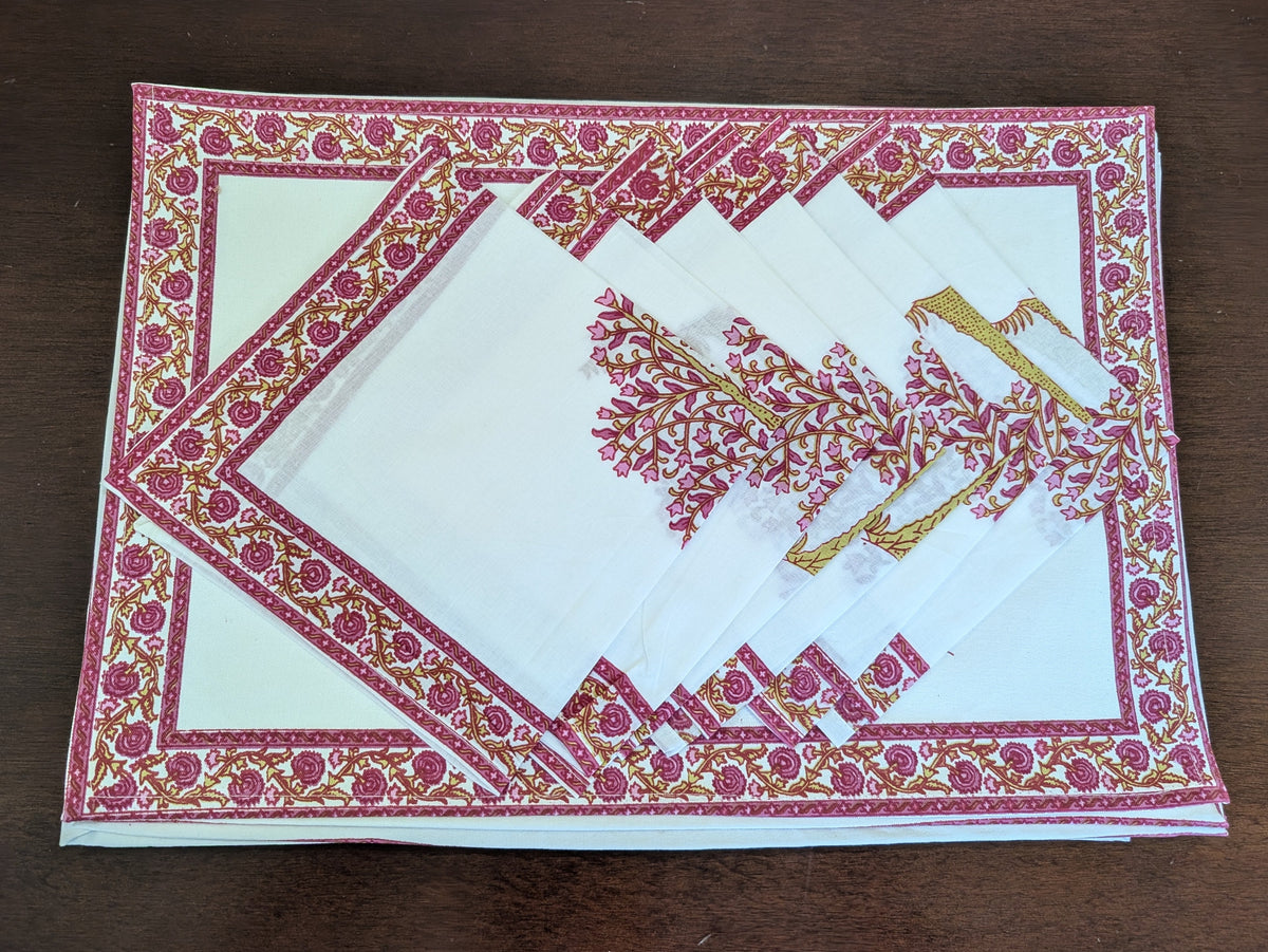 cotton table linen sets placemat napkin runner with pink apple trees in red pink and yellow pattern
