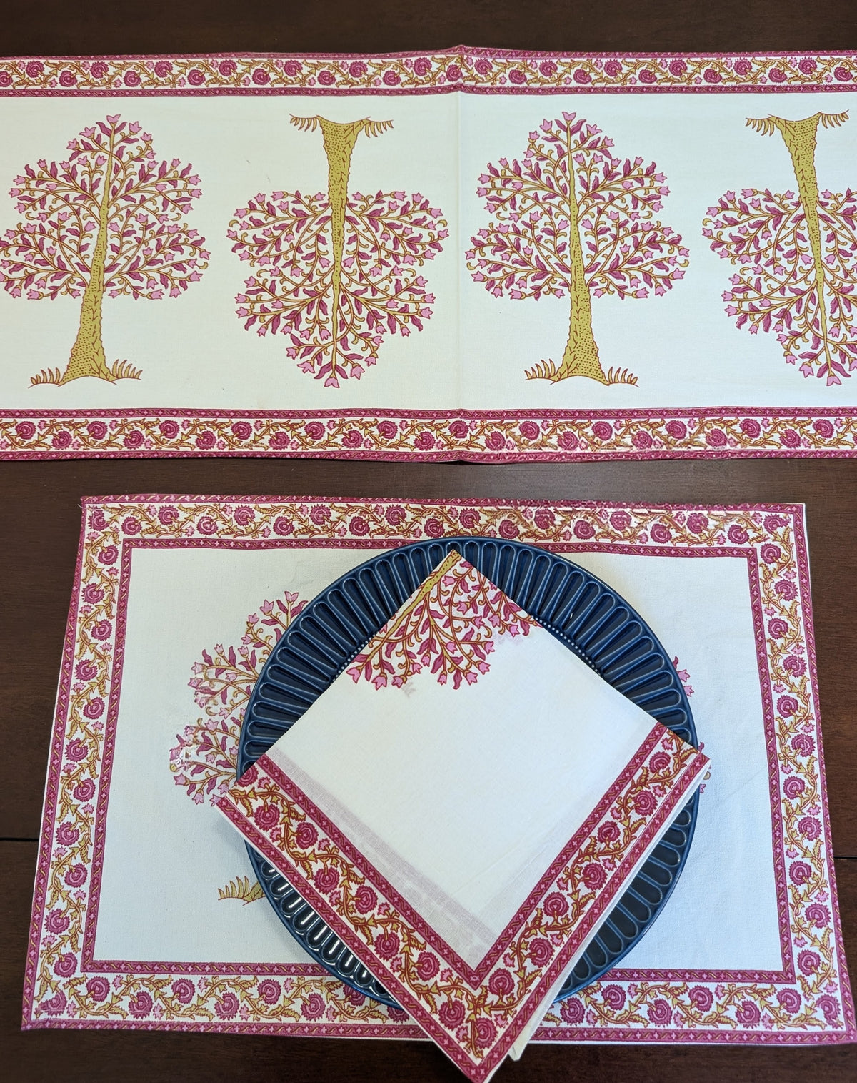 cotton table linen sets placemat napkin runner with pink apple trees in red pink and yellow pattern