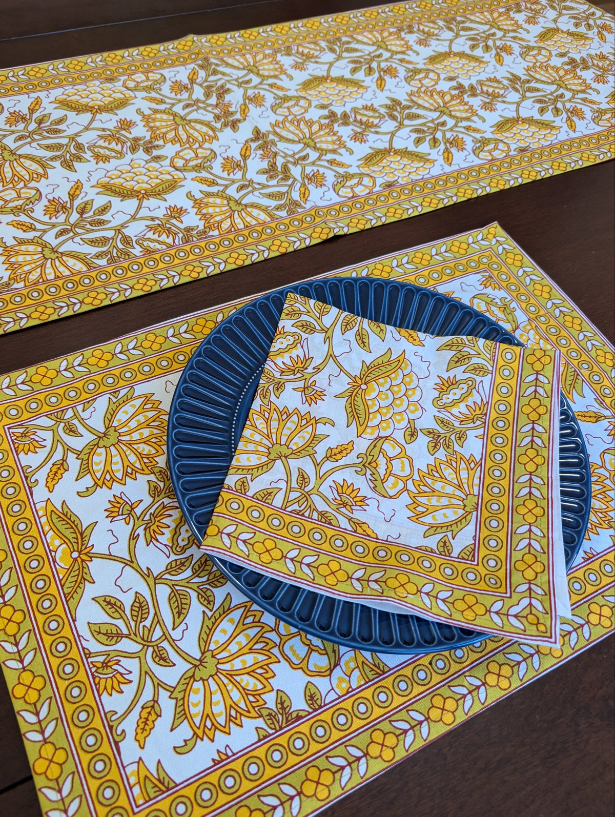 cotton table linen sets placemat napkin runner with yellow and green floral pattern