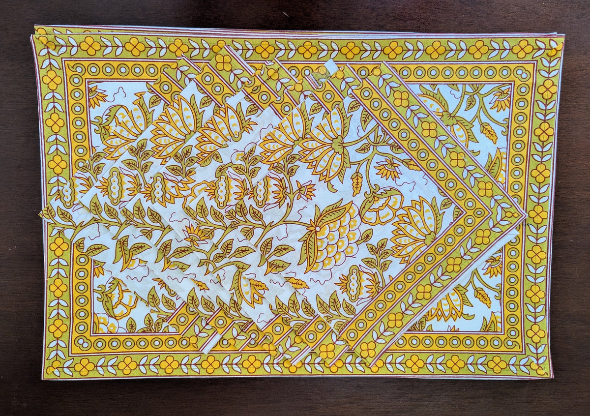 cotton table linen sets placemat napkin runner with yellow and green floral pattern