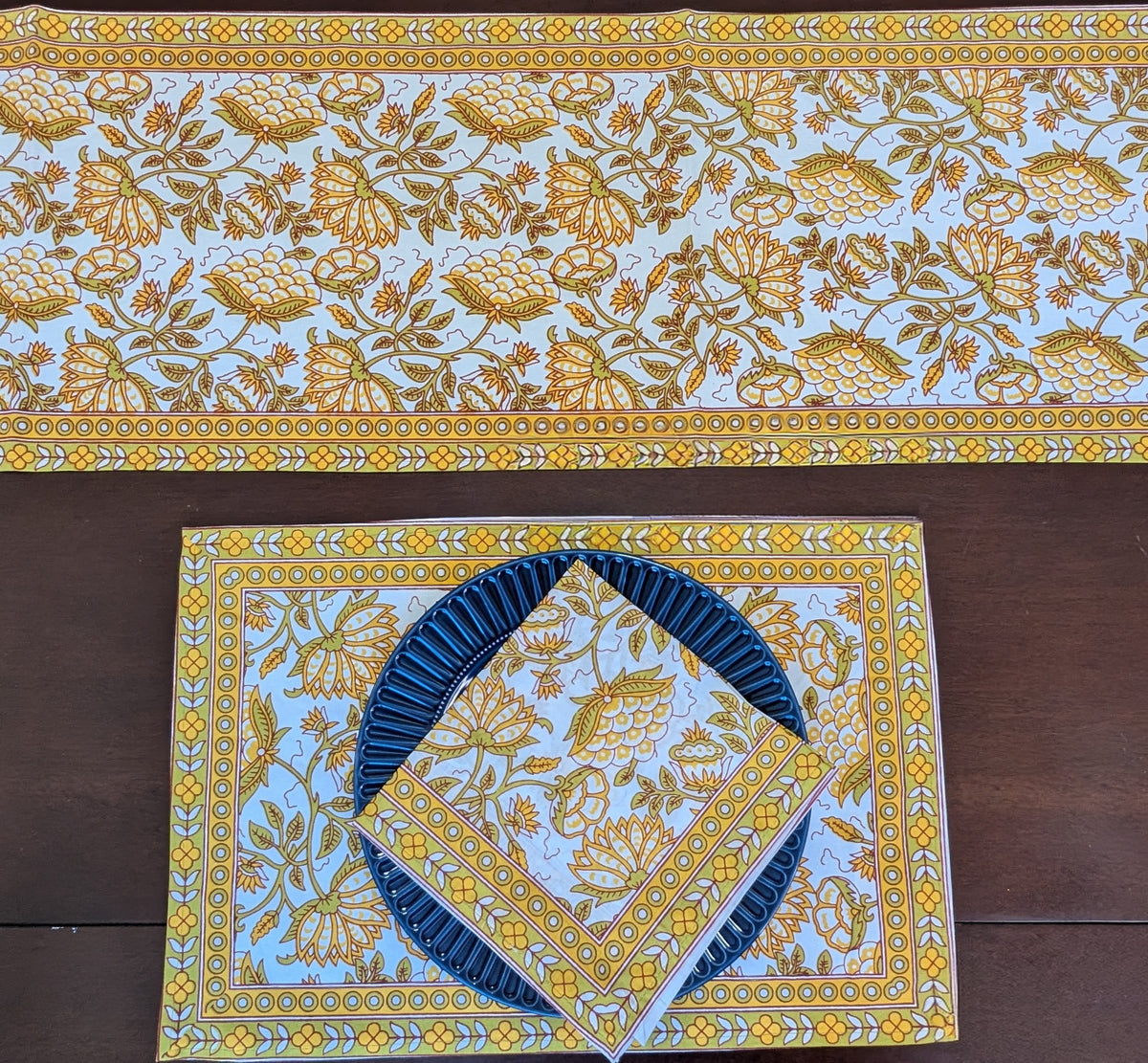 cotton table linen sets placemat napkin runner with yellow and green floral pattern