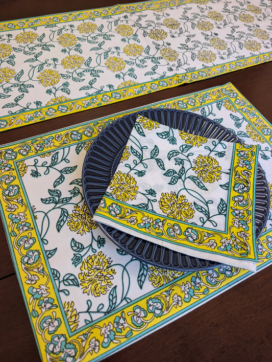 cotton table linen sets placemat napkin runner with yellow marigold floral pattern