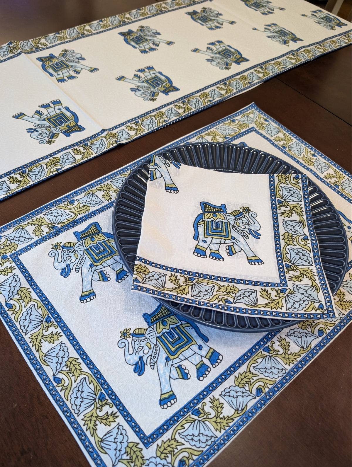 cotton table linen sets with placemats, napkins, runner on small elephant pattern
