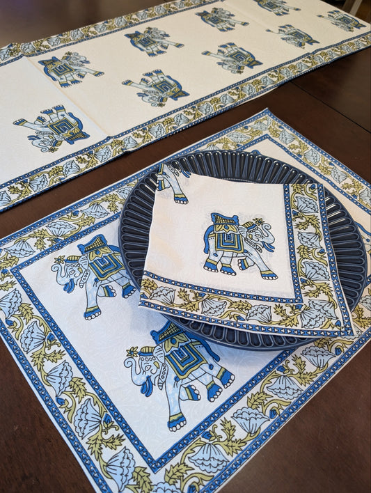 cotton table linen sets with placemats, napkins, runner on small elephant pattern