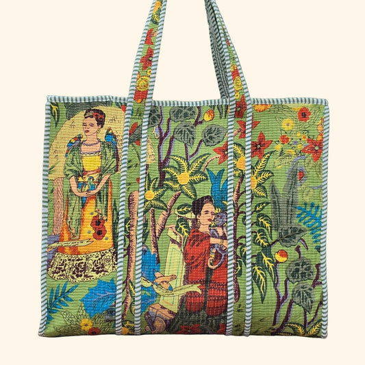 green freida kahlo jungle print quilted cotton tote bag reversible machine washable with pockets