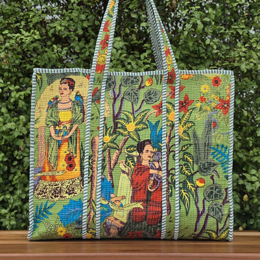 green freida kahlo jungle print quilted cotton tote bag reversible machine washable with pockets lifestyle shot