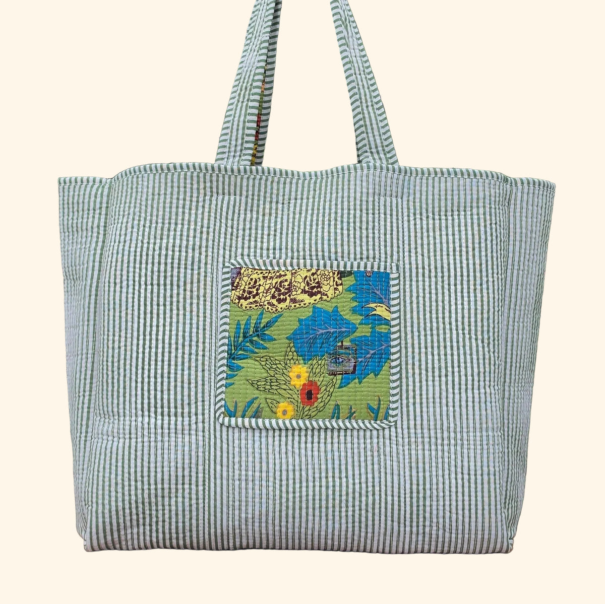green freida kahlo jungle print quilted cotton tote bag reversible machine washable with pockets plain reversible shot