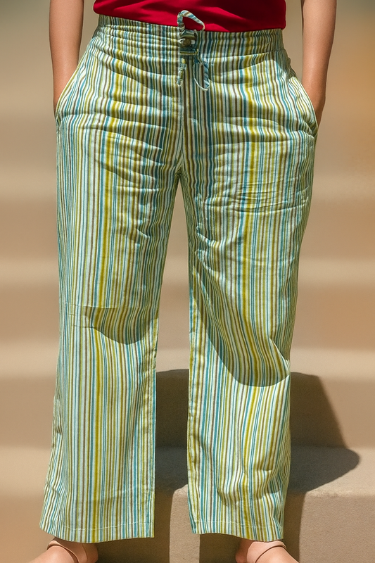 Green and white watercolor stripes print loose fitted lounge pants with pockets