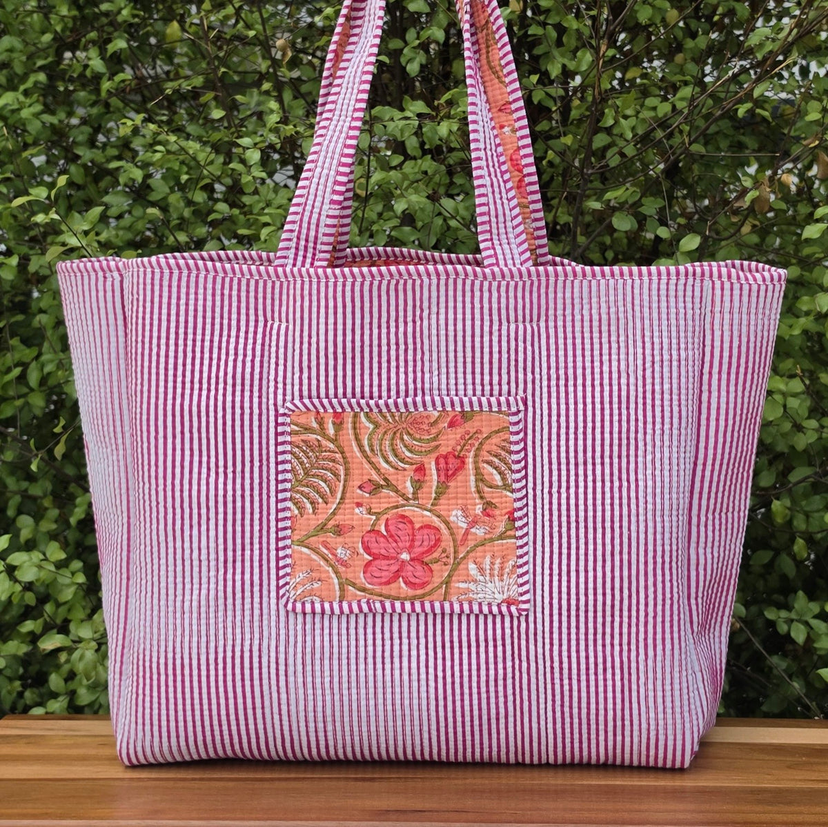 orange floral pastel print quilted cotton tote bag reversible machine washable with pockets lifestyle reverse image