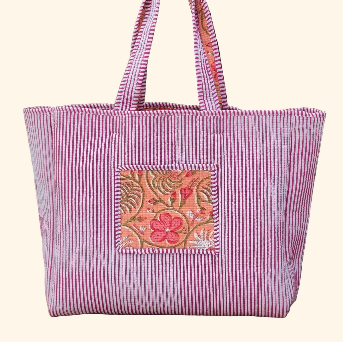 orange floral pastel print quilted cotton tote bag reversible machine washable with pockets lifestyle reverse image
