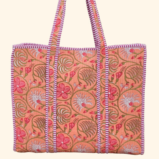 orange floral pastel print quilted cotton tote bag reversible machine washable with pockets plain image