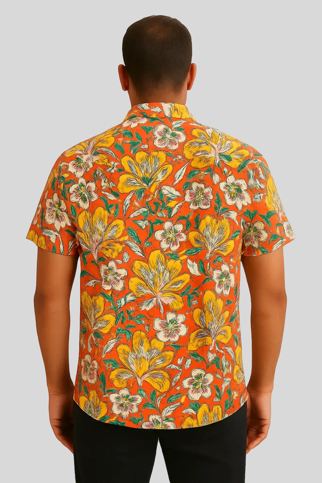unisex orange floral short sleeve button down shirt with pocket and wooden buttons