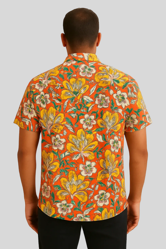 unisex orange floral short sleeve button down shirt with pocket and wooden buttons