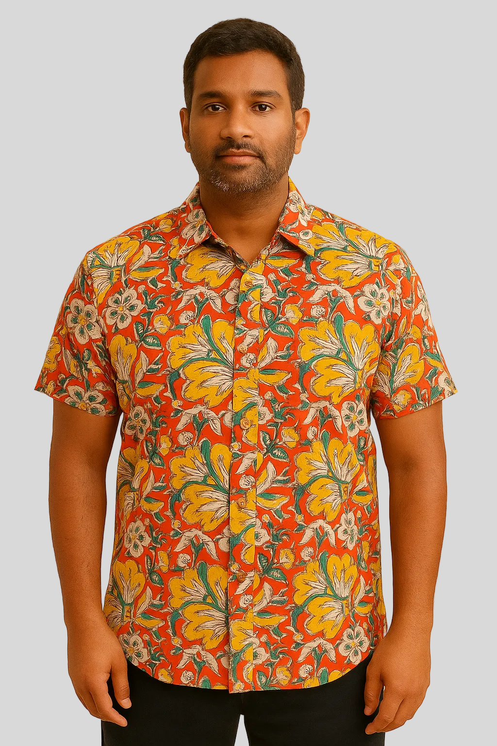 unisex orange floral short sleeve button down shirt with pocket and wooden buttons