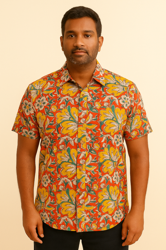 unisex orange floral short sleeve button down shirt with pocket and wooden buttons