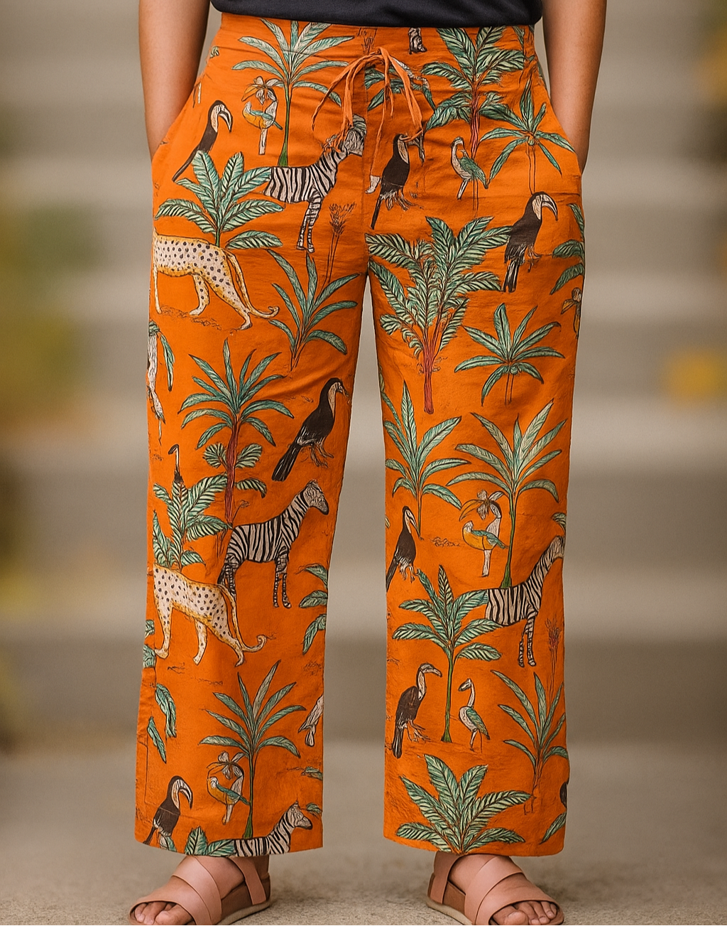 Orange pants with jungle animal pattern loose fitted lounge pants with pockets