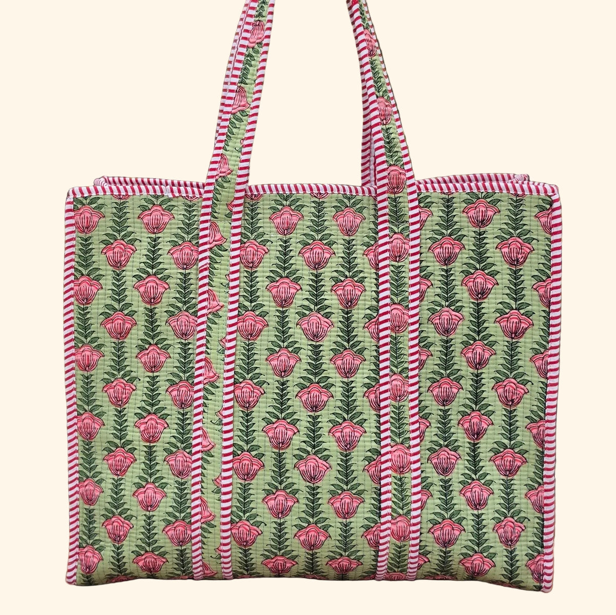 pink flowers in pistachio green background quilted cotton tote bag reversible machine washable with pockets plain shot