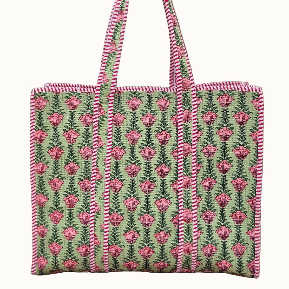 pink flowers in pistachio green background quilted cotton tote bag reversible machine washable with pockets plain shot