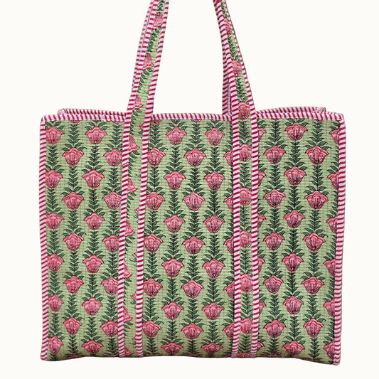 pink flowers in pistachio green background quilted cotton tote bag reversible machine washable with pockets plain shot