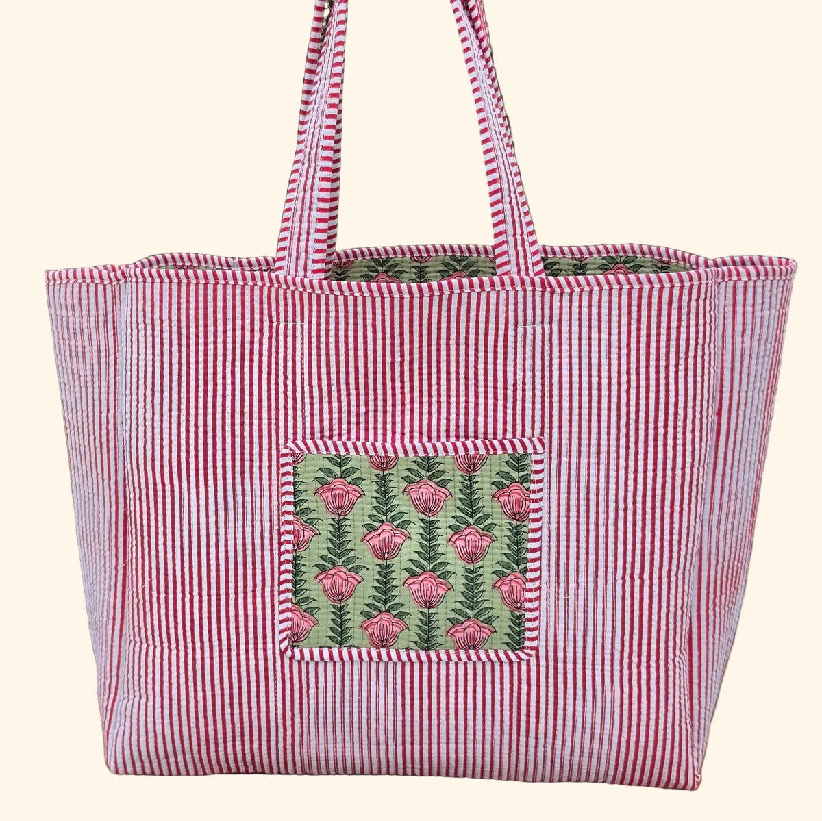 pink flowers in pistachio green background quilted cotton tote bag reversible machine washable with pockets reverse plain shot