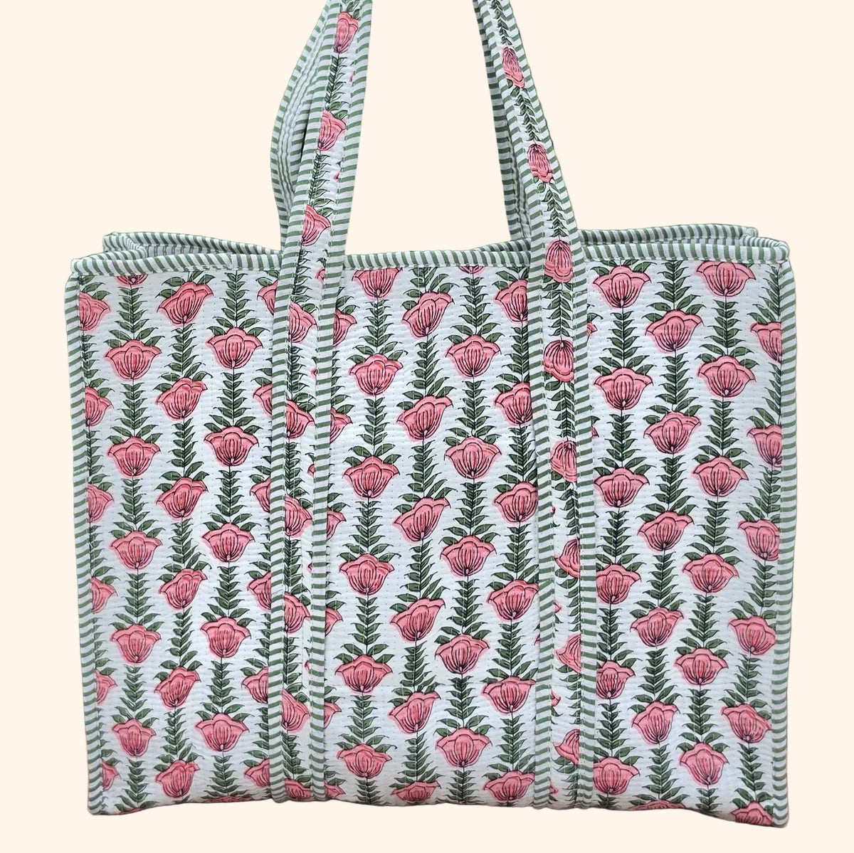 pink flowers in white background quilted cotton tote bag reversible machine washable with pockets plain shot