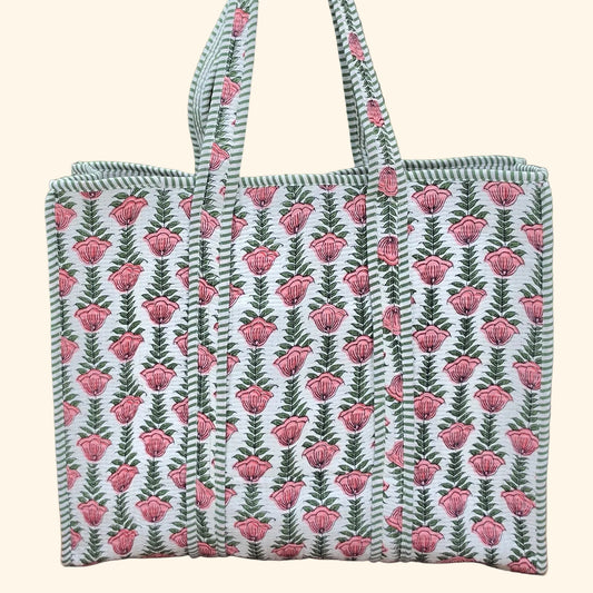 pink flowers in white background quilted cotton tote bag reversible machine washable with pockets plain shot