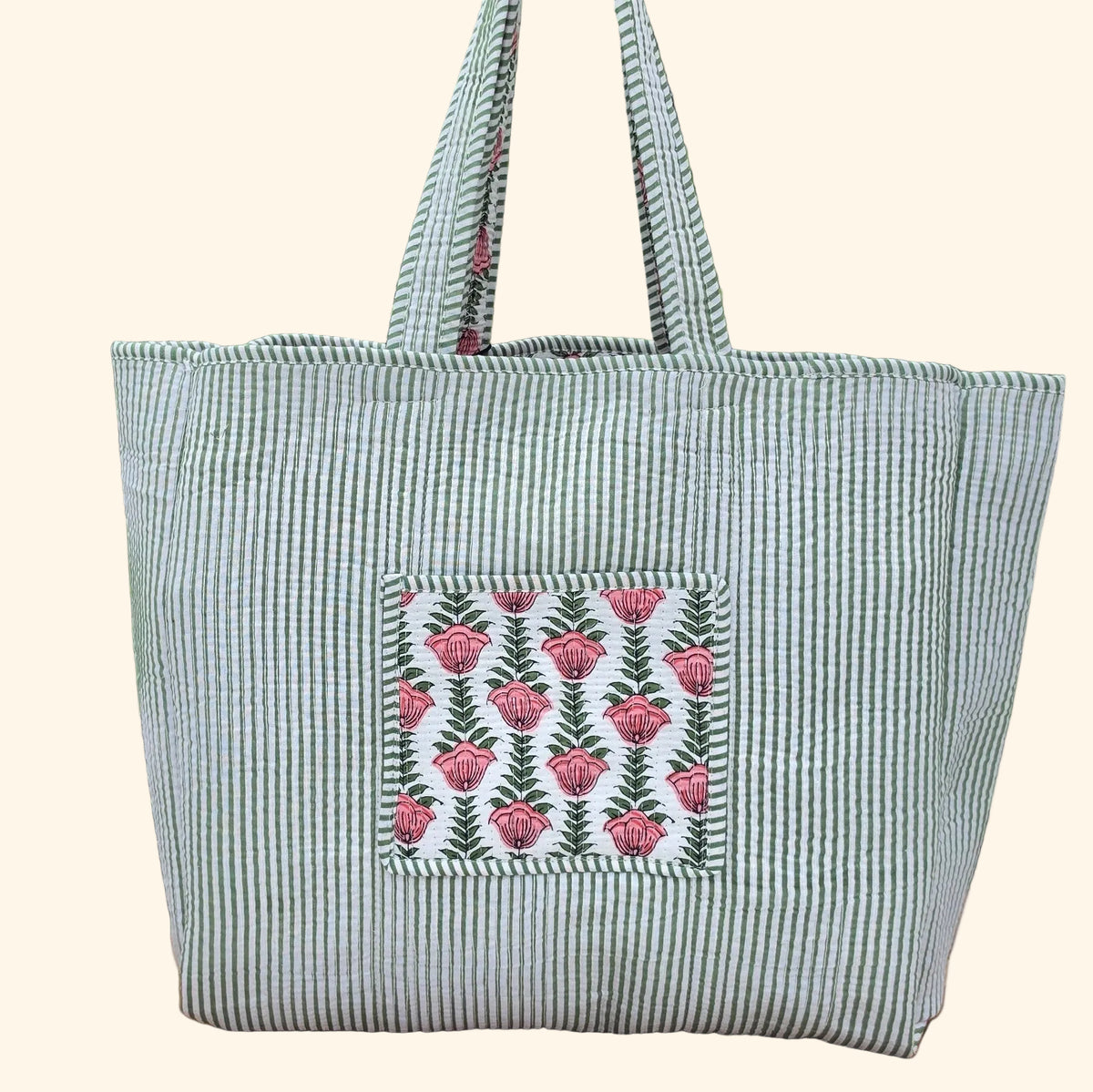 pink flowers in white background quilted cotton tote bag reversible machine washable with pockets reverse plain shot