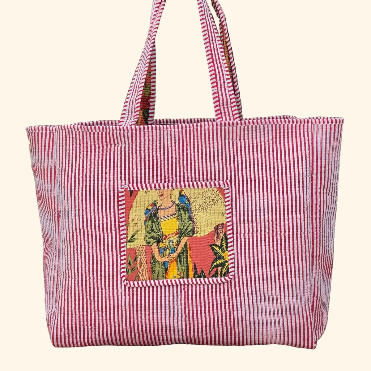 pink freida kahlo jungle print quilted cotton tote bag reversible machine washable with pockets plain shot