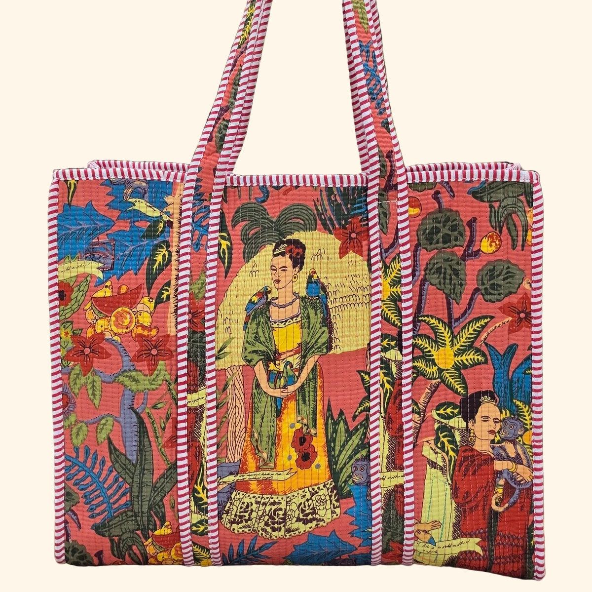 pink freida kahlo jungle print quilted cotton tote bag reversible machine washable with pockets plain shot