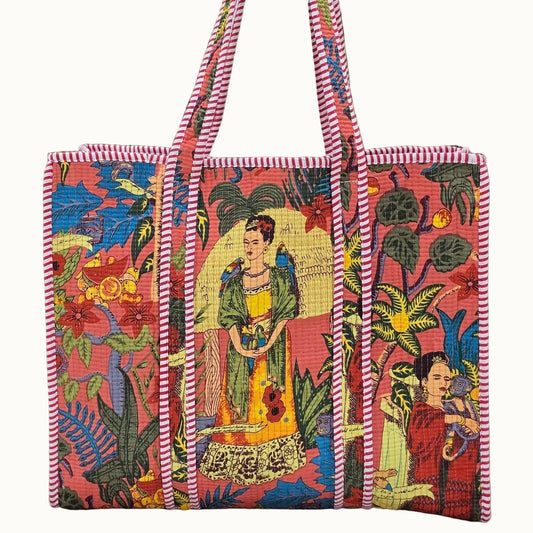 pink freida kahlo jungle print quilted cotton tote bag reversible machine washable with pockets plain shot