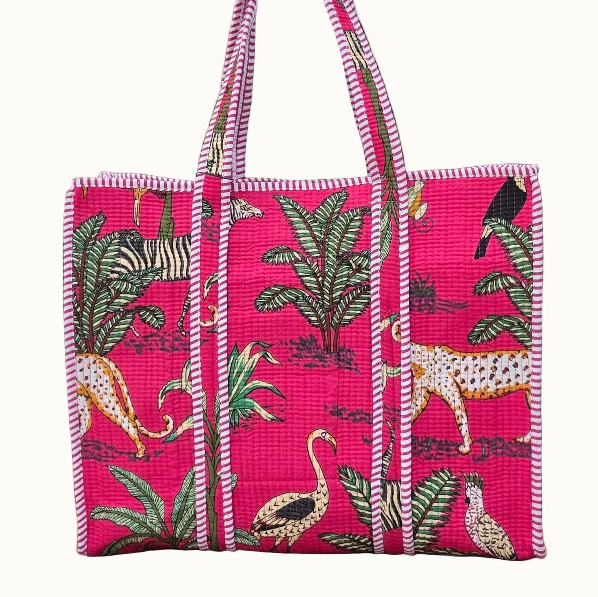 pink jungle print quilted cotton tote bag reversible machine washable with pockets