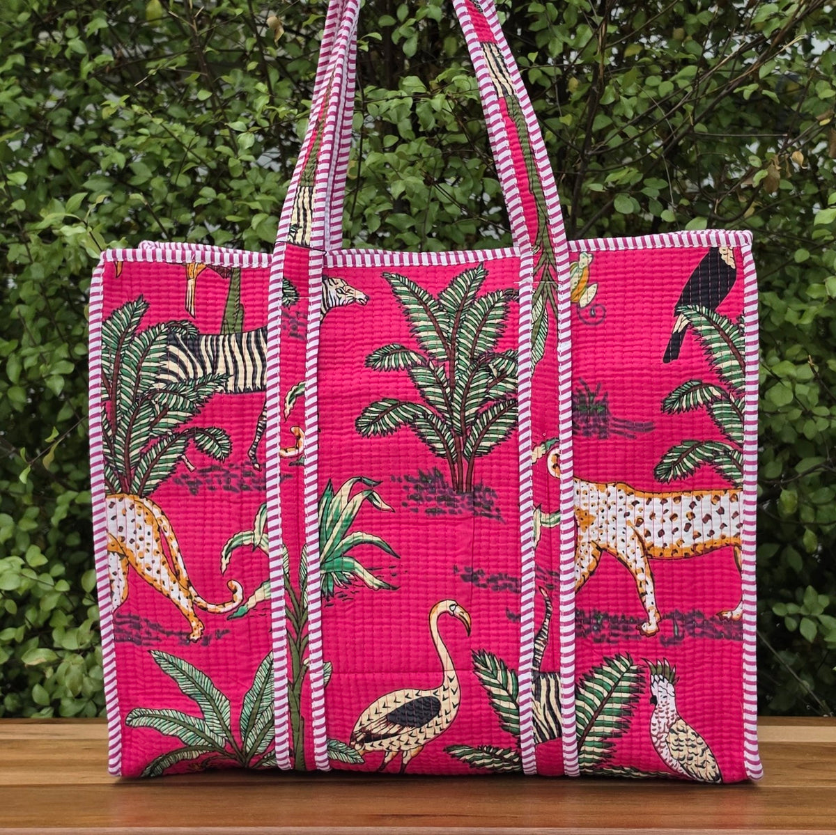 pink jungle print quilted cotton tote bag reversible machine washable with pockets lifestyle shot