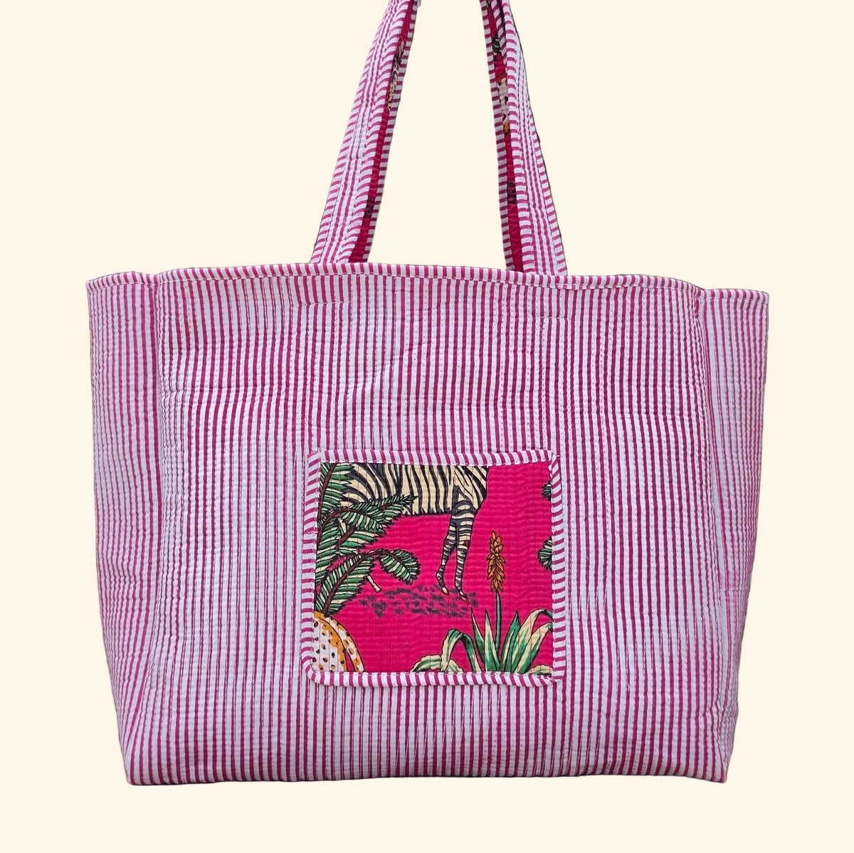 pink jungle print quilted cotton tote bag reversible machine washable with pockets reversible plain shot