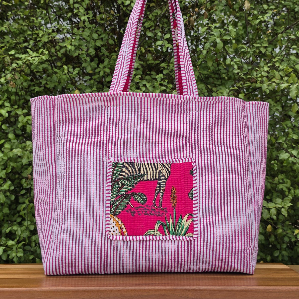 white jungle print quilted cotton tote bag reversible machine washable with pockets reversible shot