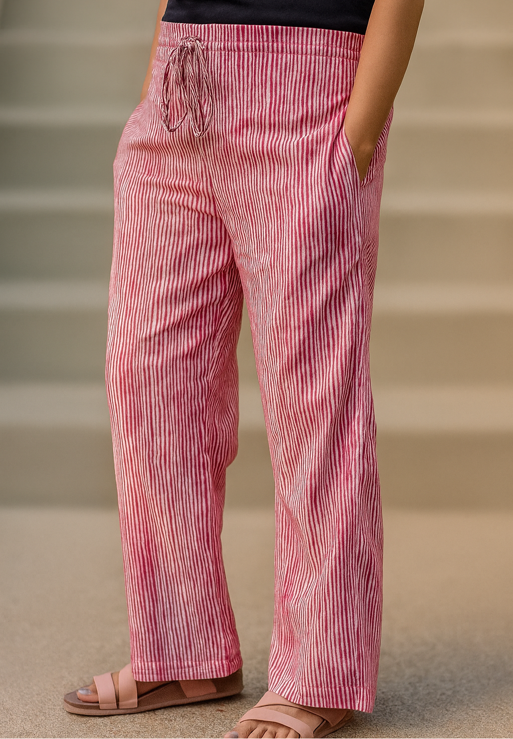 Pink and white watercolor stripes print loose fitted lounge pants with pockets