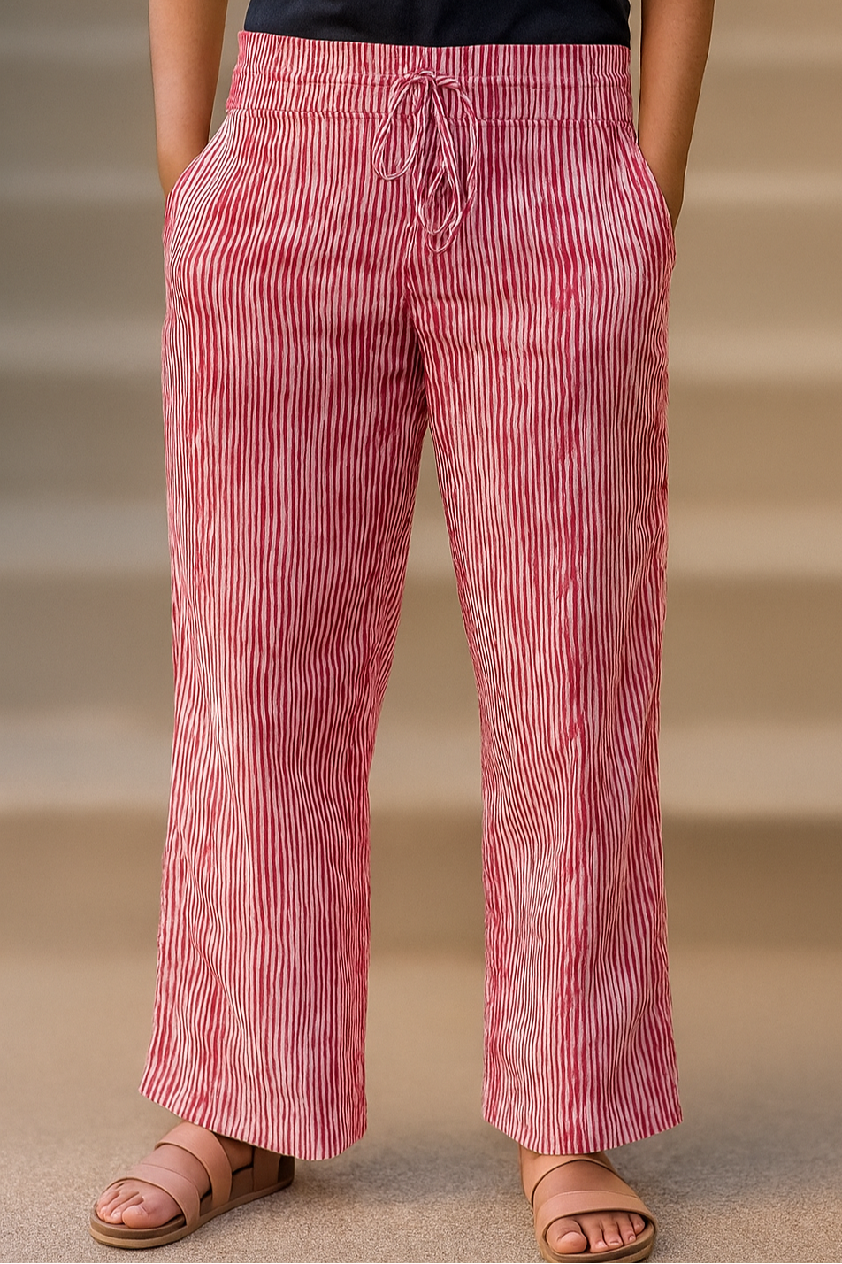 Pink and white watercolor stripes print loose fitted lounge pants with pockets