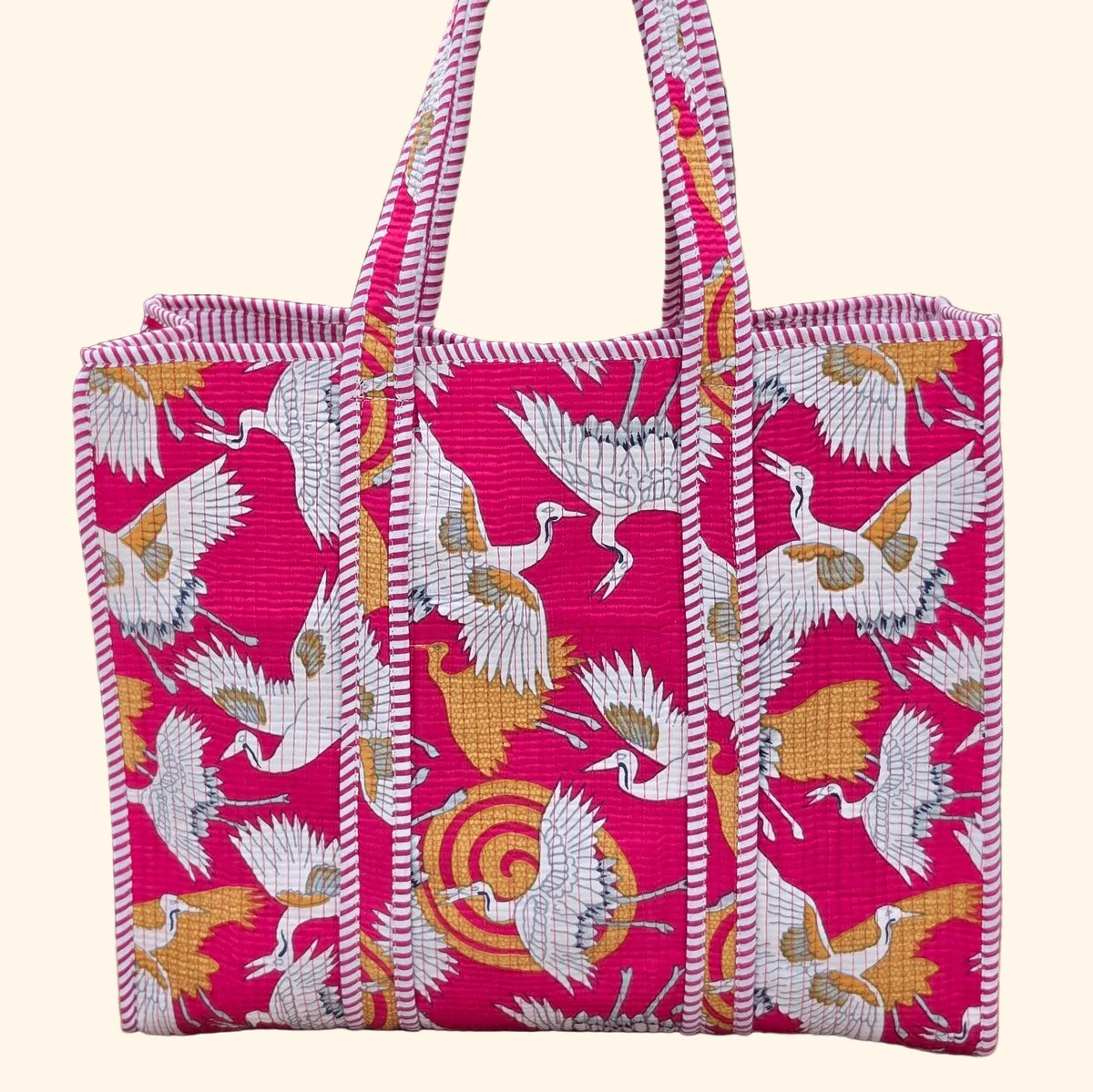 pink white cranes print quilted cotton tote bag reversible machine washable with pockets plain image