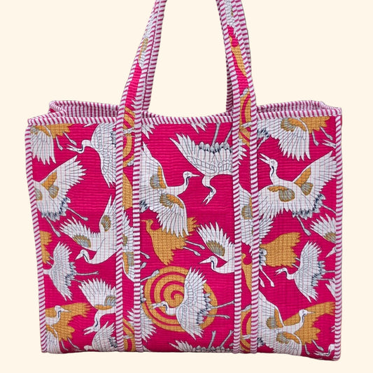 pink white cranes print quilted cotton tote bag reversible machine washable with pockets plain image