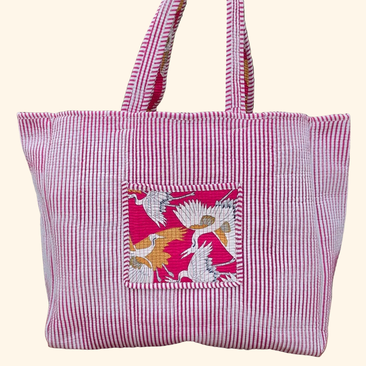 pink white cranes print quilted cotton tote bag reversible machine washable with pockets plain reverse image