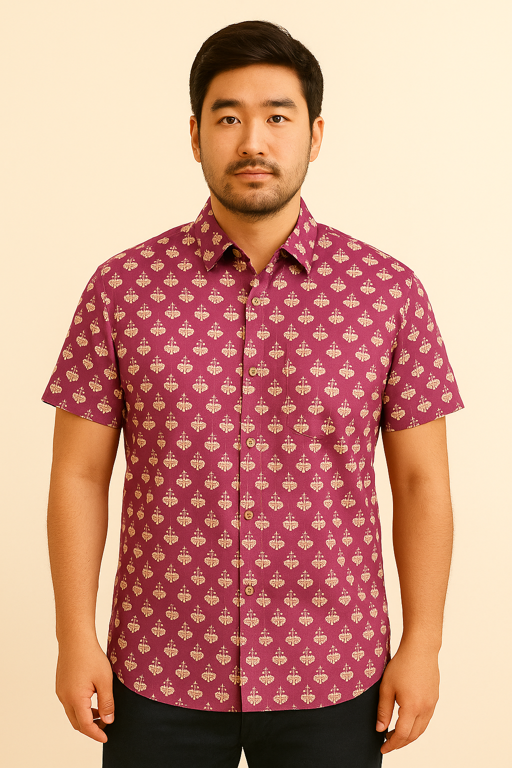 unisex patterned purple shirt in poppies print with pocket and wooden buttons short sleeves button down shirt.